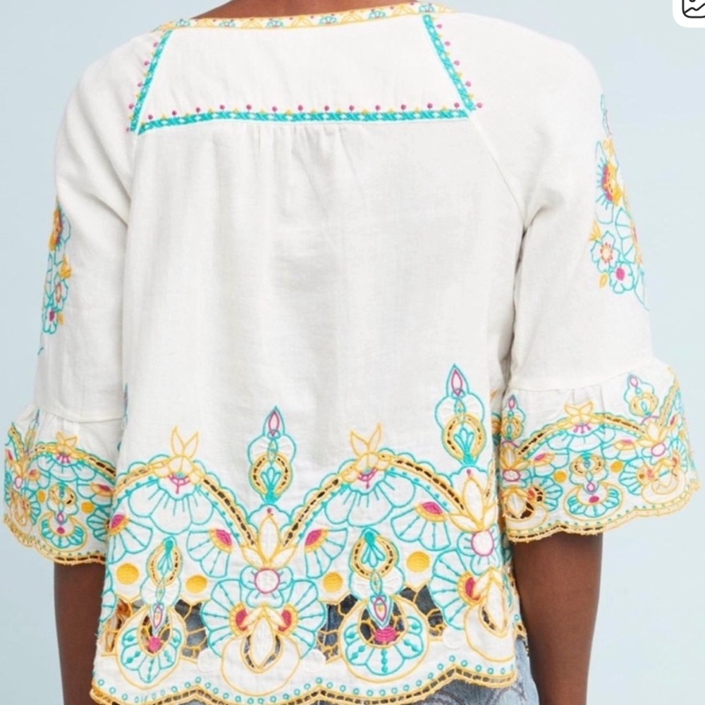 Anthropologie White Embroidered Peasant Tunic with Yellow & Turquoise Accents - Picture 2 of 5